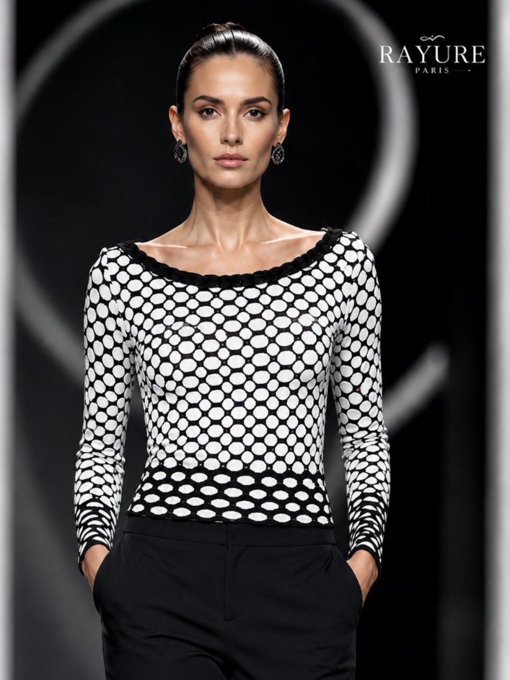 RAYURE Paris Made in France Black White Geometric Knit Top Size 3* Long Sleeve